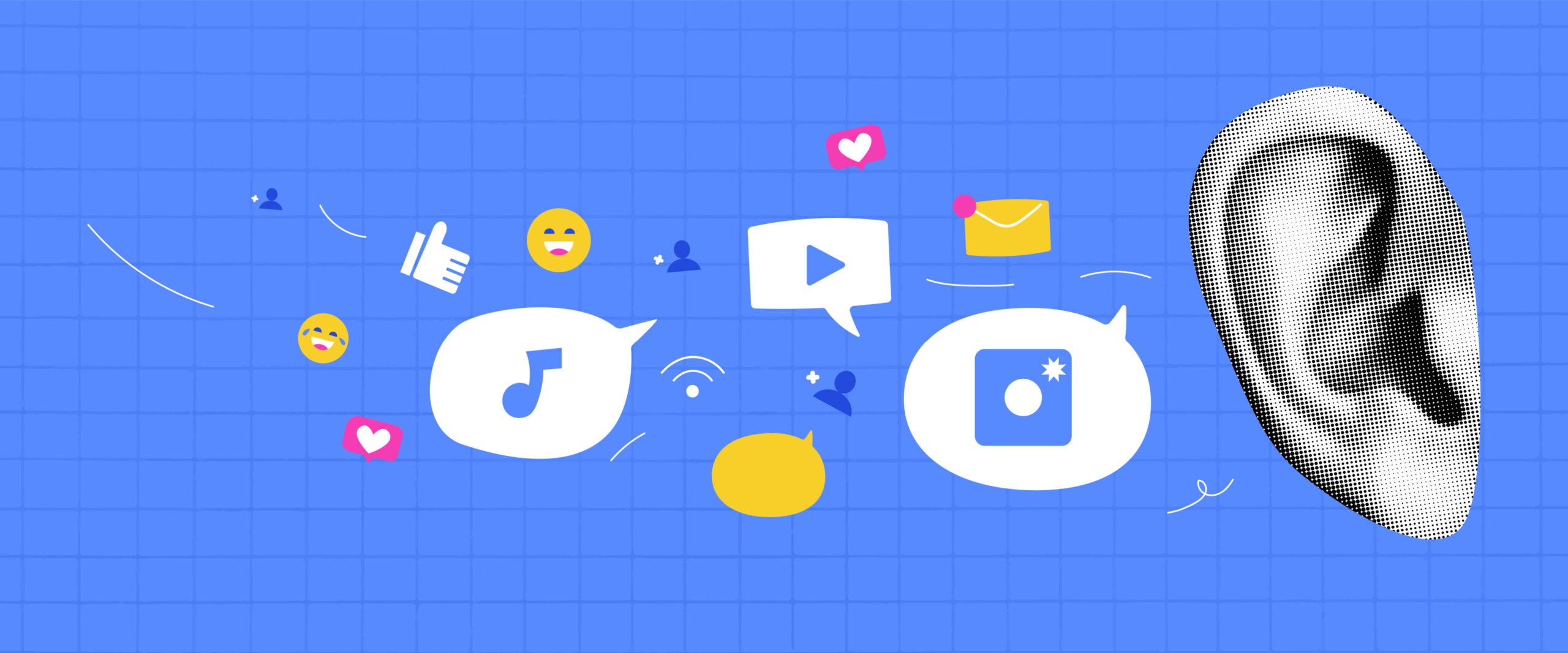 A concept on the topic of SEO. A halftone collage style ear into which social media icons and likes and emojis and messages fly. Trendy vector illustration.